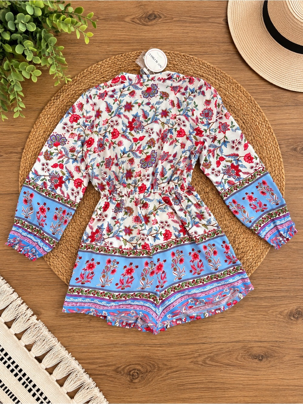 Boho Floral Blue & White Girls' Long-Sleeve Romper - Picture 2 of 3
